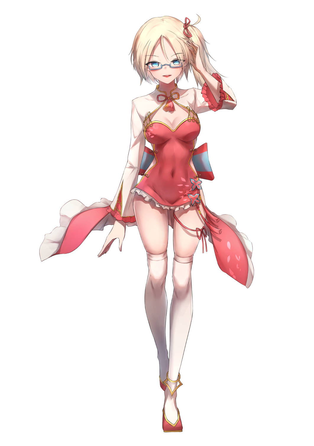 1girl, blue_eyes, breasts, covered_navel, full_body, glasses, grey-framed_eyewear, highres