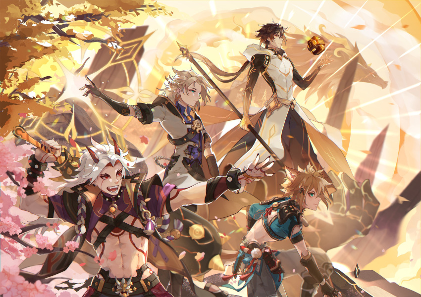4boys, abs, absurdres, albedo_(genshin_impact), animal_ears, arataki_itto, black_gloves, black_nails