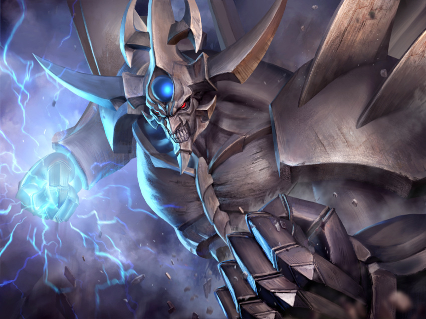 clenched_hands, commentary, duel_monster, electricity, horns, no_humans, obelisk_the_tormentor, red_eyes
