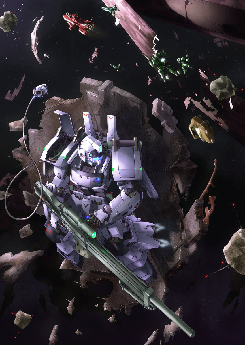 absurdres, cable, commission, english_commentary, flying, gun, gundam, hiding