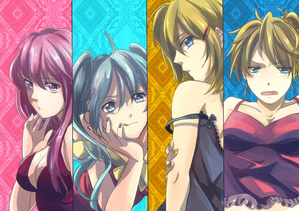 :d, aqua_hair, blonde_hair, blue_eyes, breasts, cleavage, crossdressinging, hair_ornament