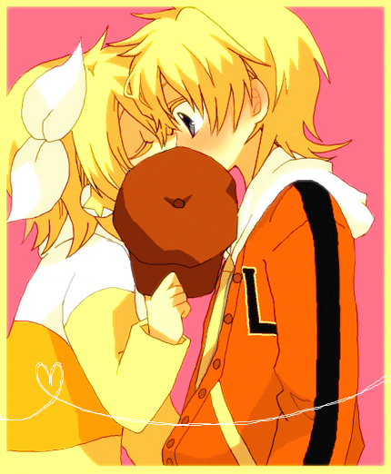 aqua_eyes, bad_id, baseball_cap, blonde_hair, blush, brother_and_sister, closed_eyes, hair_ribbon, hat, headphones, hoodie, incest, juvenile_(vocaloid), kagamine_len, kagamine_rin, kiss, ribbon, short_hair, siblings, twincest, twins, vocaloid
