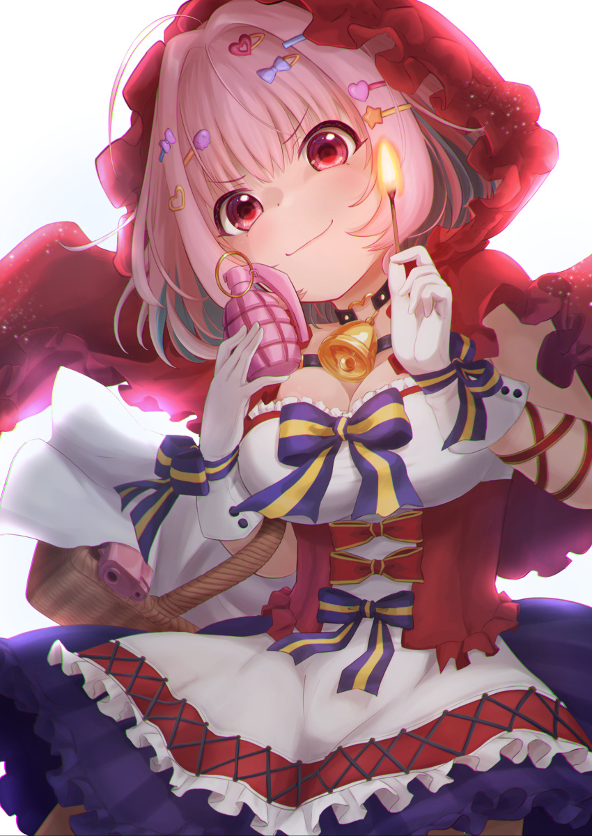 1girl, absurdres, bell, bow, breasts, capelet, choker, closed_mouth