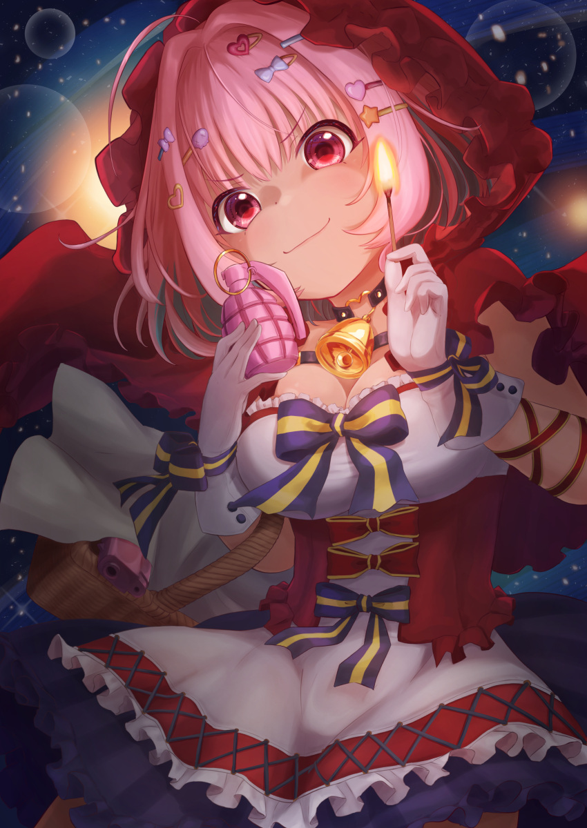 1girl, absurdres, bell, bow, breasts, capelet, choker, closed_mouth