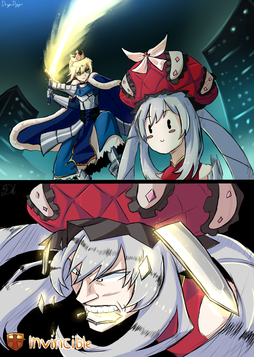 absurdres, armor, armored_dress, artoria_pendragon_(fate), blonde_hair, blue_dress, broken, broken_sword