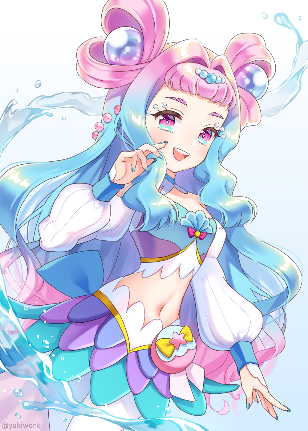 1girl, blue_background, blue_hair, blue_nails, cowboy_shot, crop_top, cure_la_mer, detached_collar