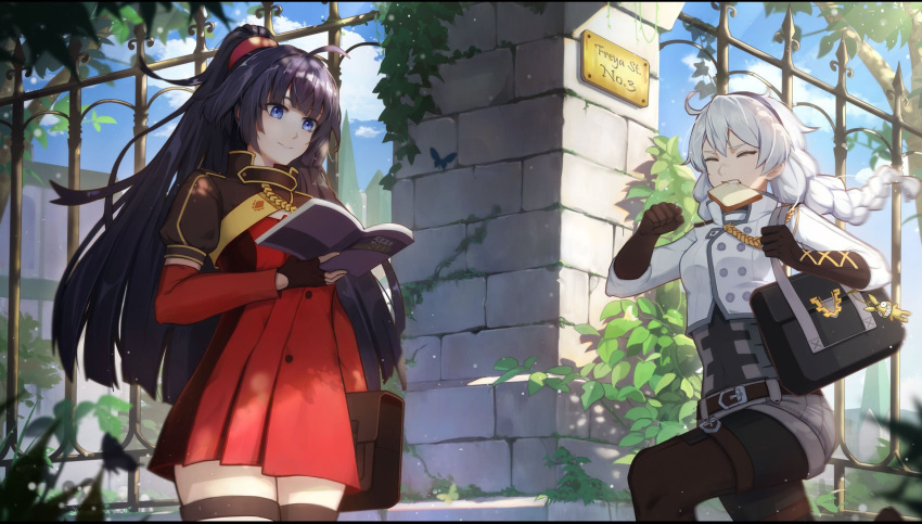 2girls, bag, bangs, belt, belt_buckle, blue_sky, book, braid
