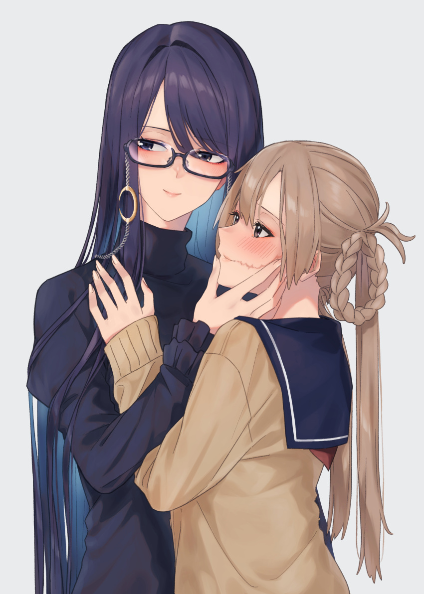 2girls, absurdres, banana_oekaki, black_hair, blush, braid, brown_hair, earrings