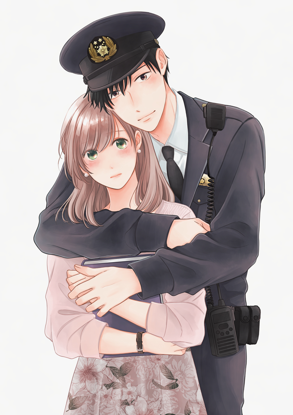 1boy, 1girl, badge, black_hair, black_necktie, blush, book, brown_eyes