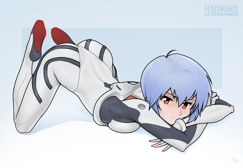 1girl, artist_name, ass, ayanami_rei, blue_background, blue_hair, bodysuit, breast_press