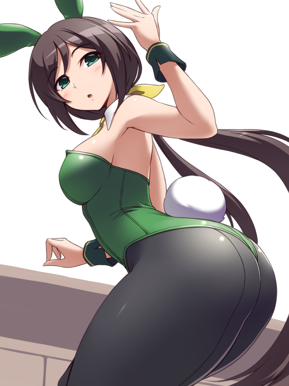 1girl, animal_ears, ass, back-seamed_legwear, black_hair, black_legwear, breasts, cowboy_shot