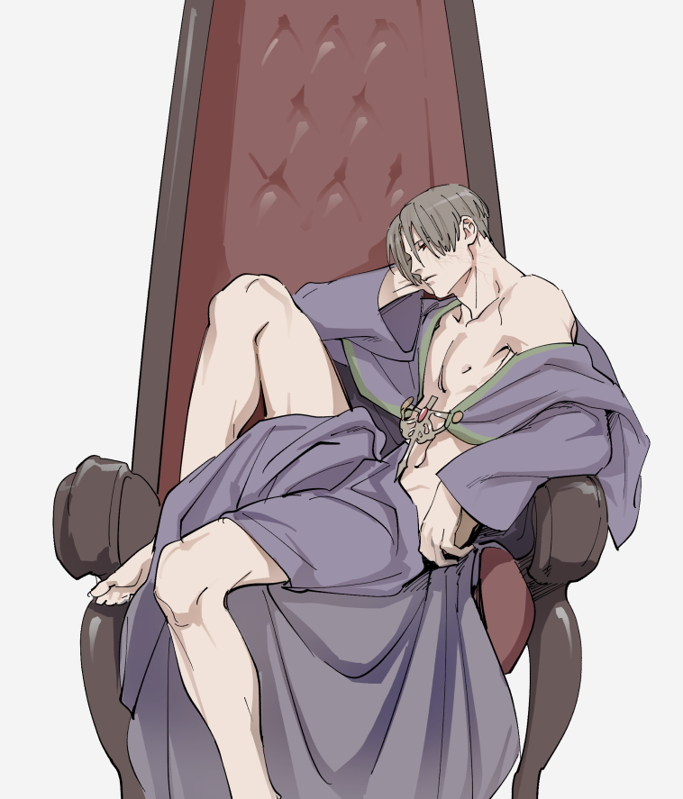 1boy, brown_hair, closed_mouth, leon_s._kennedy, male_focus, nipples, open_clothes, open_robe