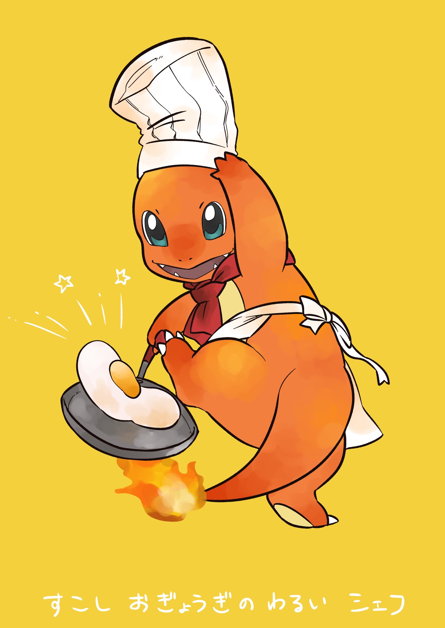 apron, charmander, chef_hat, commentary, cooking, fangs, fire, flame