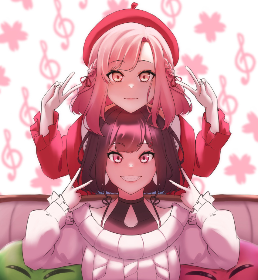 2girls, absurdres, bangs, beret, brown_hair, double_v, eyebrows_visible_through_hair, grey_sweater, hat, highres, looking_at_viewer, medium_hair, miori_celesta, mogu_(miori_celesta), multiple_girls, nini_yuuna, off_shoulder, parted_lips, pink_eyes, r3dbrush, red_sweater, short_hair, slime_(creature), smile, sweater, treble_clef, treble_clef_hair_ornament, tsunderia, v