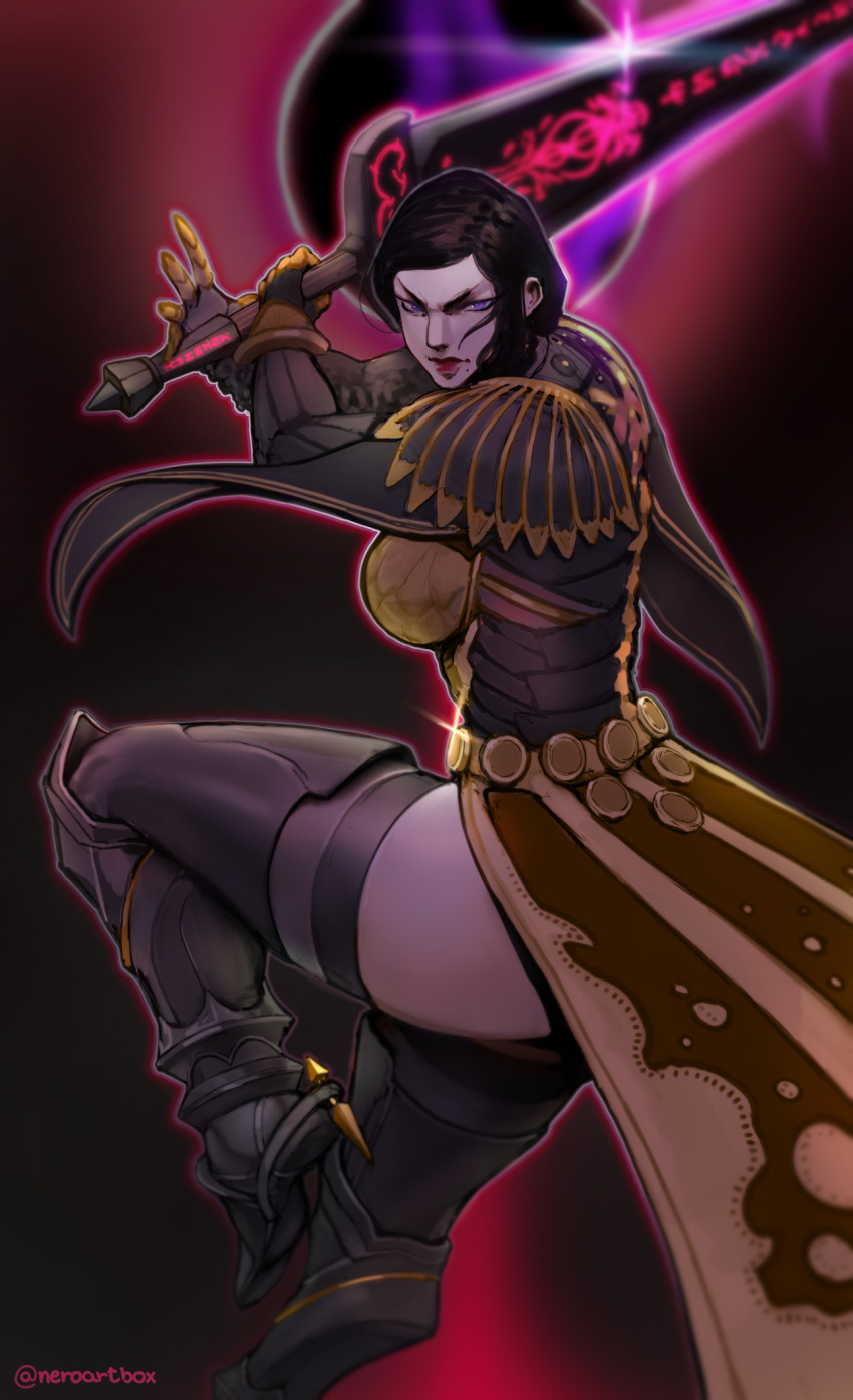 1girl, armor, armored_dress, attack, avatar_(ffxiv), black_hair, boots, breastplate