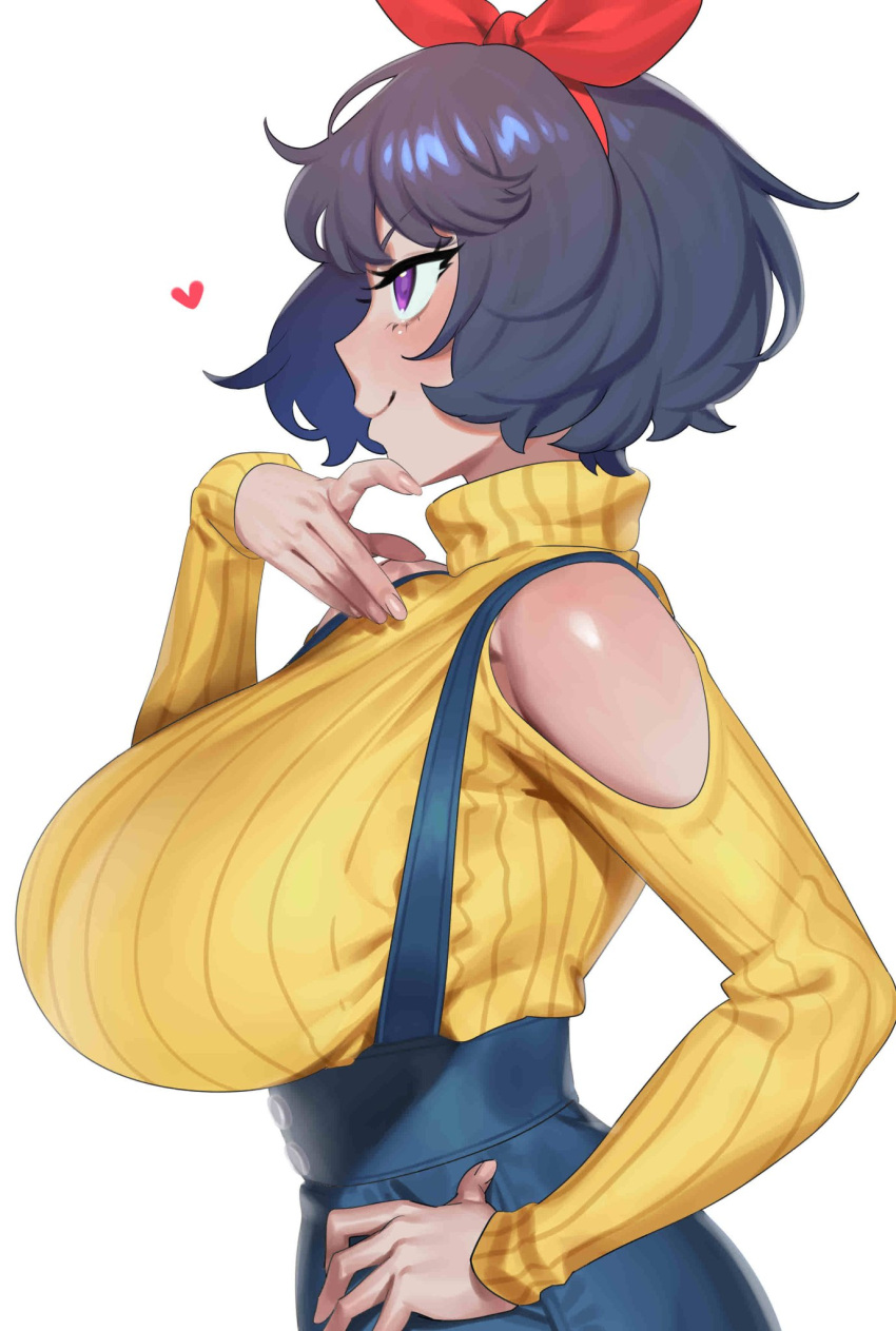 1girl, black_hair, blue_skirt, breasts, enta_(nia), eyebrows_visible_through_hair, from_side, hairband