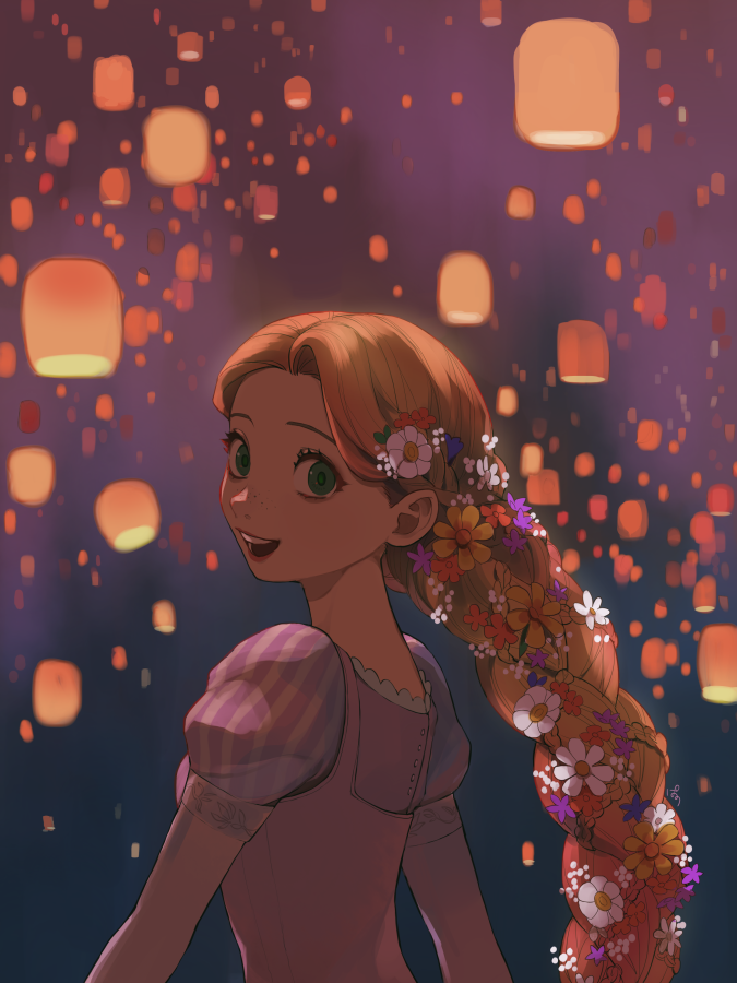 1girl, arms_at_sides, backlighting, blonde_hair, blue_flower, braid, darkness, disney