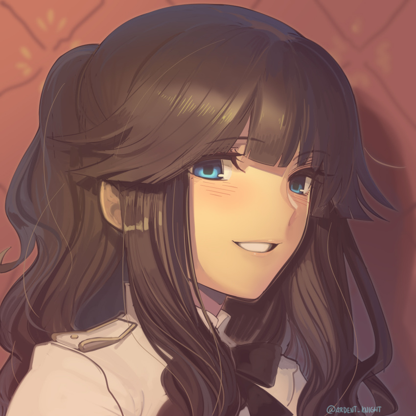 1girl, alternate_hair_color, bangs, black_bow, black_hair, blue_eyes, blurry, blurry_background, blush, boa_(brianoa), bow, bowtie, commentary, english_commentary, epaulettes, eyebrows_visible_through_hair, fate/apocrypha, fate_(series), fiore_forvedge_yggdmillennia, flipped_hair, half-closed_eyes, half_updo, highres, jacket, long_hair, looking_at_viewer, parted_lips, ponytail, portrait, rectangular_pupils, sidelocks, smile, solo, tareme, twitter_username, white_jacket