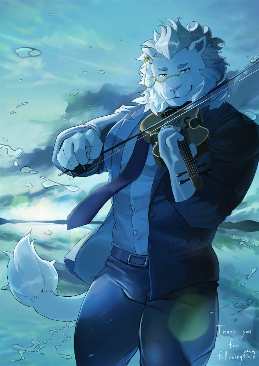 1boy, absurdres, belt, black_pants, black_suit, blue_theme, earclip, furry, furry_male, green_eyes, highres, instrument, lion, looking_at_viewer, male_focus, monocle, music, pants, playing_instrument, smile, snow_(housamo), solo, standing, thank_you, thick_thighs, thighs, tokyo_afterschool_summoners, torakku_(toratruck9), violin, white_hair