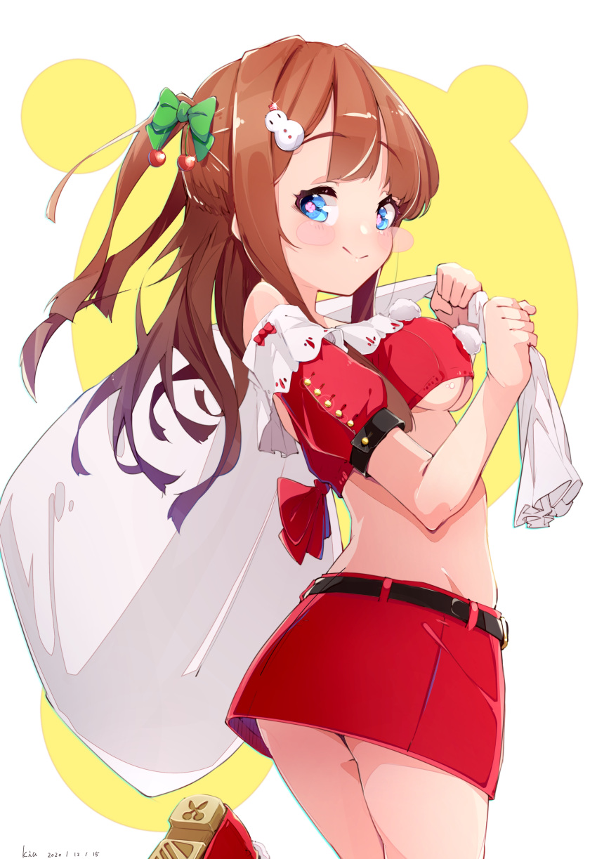 1girl, absurdres, bangs, belt, black_belt, blue_eyes, blush_stickers, bow, breasts, brown_hair, cape, christmas, closed_mouth, commentary, crop_top, eyebrows_visible_through_hair, from_side, green_bow, hair_bow, highres, holding, holding_sack, kia_0088, leg_up, long_hair, looking_at_viewer, medium_breasts, midriff, miniskirt, off-shoulder_shirt, off_shoulder, original, over_shoulder, pink_pupils, red_footwear, red_shirt, red_skirt, sack, santa_costume, shirt, shoes, short_sleeves, skirt, smile, solo, standing, symbol-shaped_pupils, two-sided_cape, two-sided_fabric, under_boob