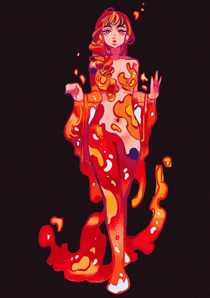 1girl, bangs, bare_shoulders, black_background, bright_pupils, dress, fiery_clothing, fire