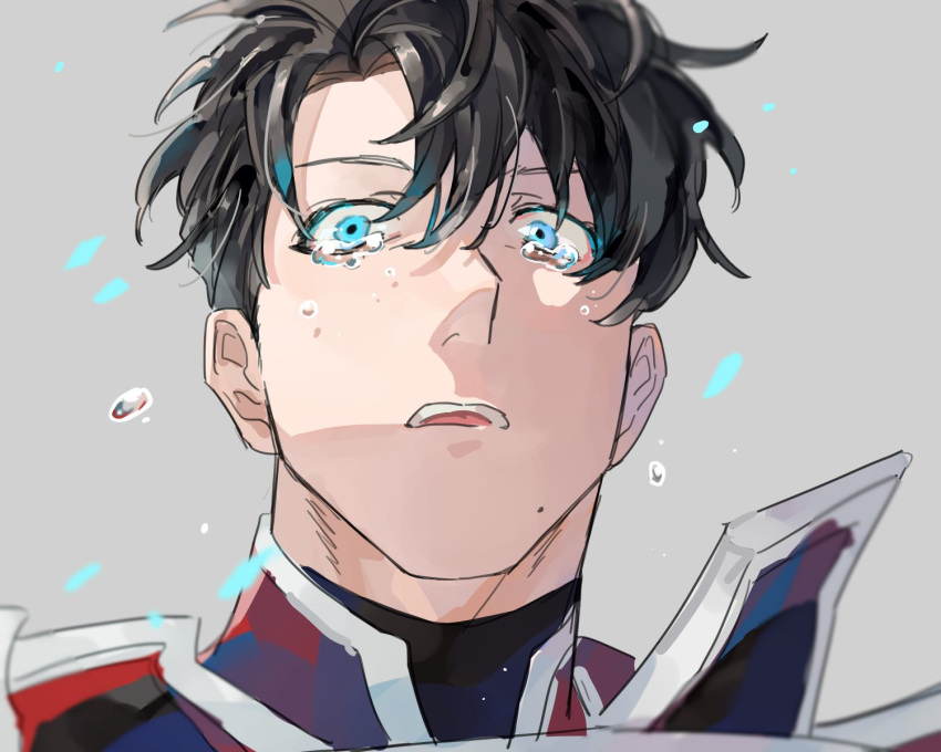 1boy, armor, bbbb_fex, black_hair, blue_eyes, crying, crying_with_eyes_open, eyebrows