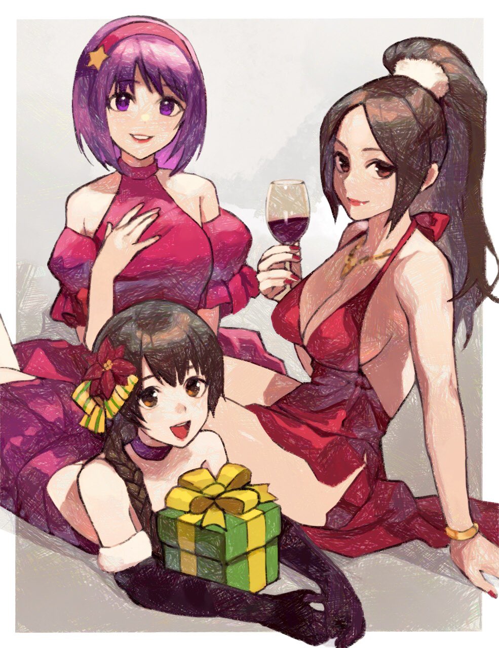 3girls, asamiya_athena, box, braid, braided_ponytail, breasts, brown_hair, cup