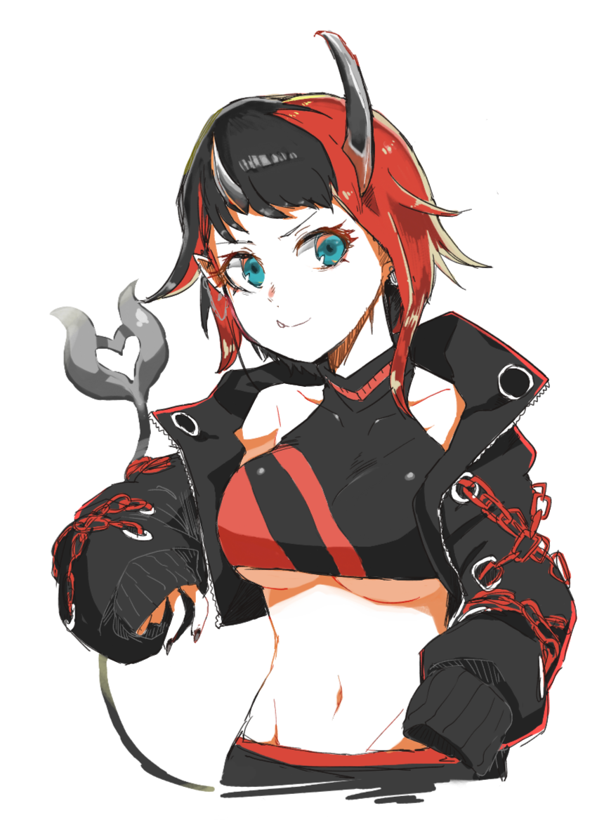 1girl, bangs, black_hair, black_jacket, black_nails, black_sports_bra, blue_eyes, breasts, chain, closed_mouth, commentary_request, cropped_jacket, demon_girl, demon_horns, demon_tail, dutch_angle, horns, jacket, large_breasts, looking_at_viewer, midriff, multicolored_hair, nail_polish, navel, open_clothes, open_jacket, pointy_ears, red_sports_bra, redhead, ryugasaki_rene, same_(samerasiki), short_hair, simple_background, sleeves_past_wrists, smile, solo, sports_bra, sugar_lyric, tail, two-tone_hair, under_boob, virtual_youtuber, white_background, zipper