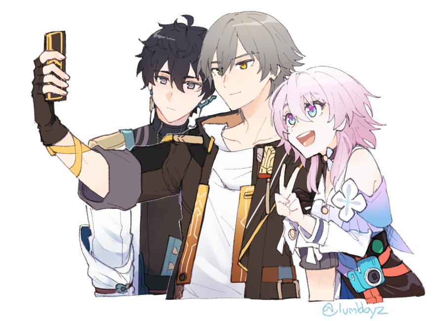 1girl, 2boys, :d, bangs, bare_shoulders, black_hair, black_shirt, brown_gloves