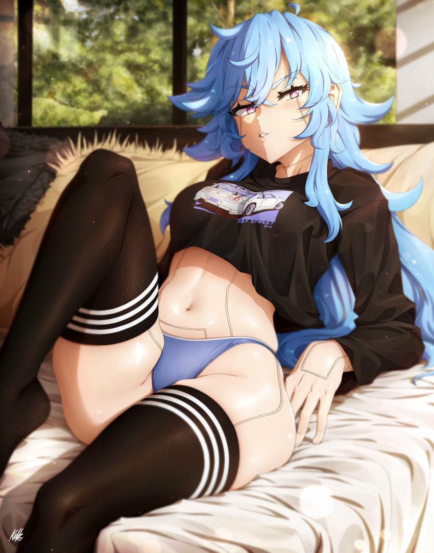 1girl, android, bangs, blue_hair, commission, crop_top, eyebrows_visible_through_hair, feet_out_of_frame