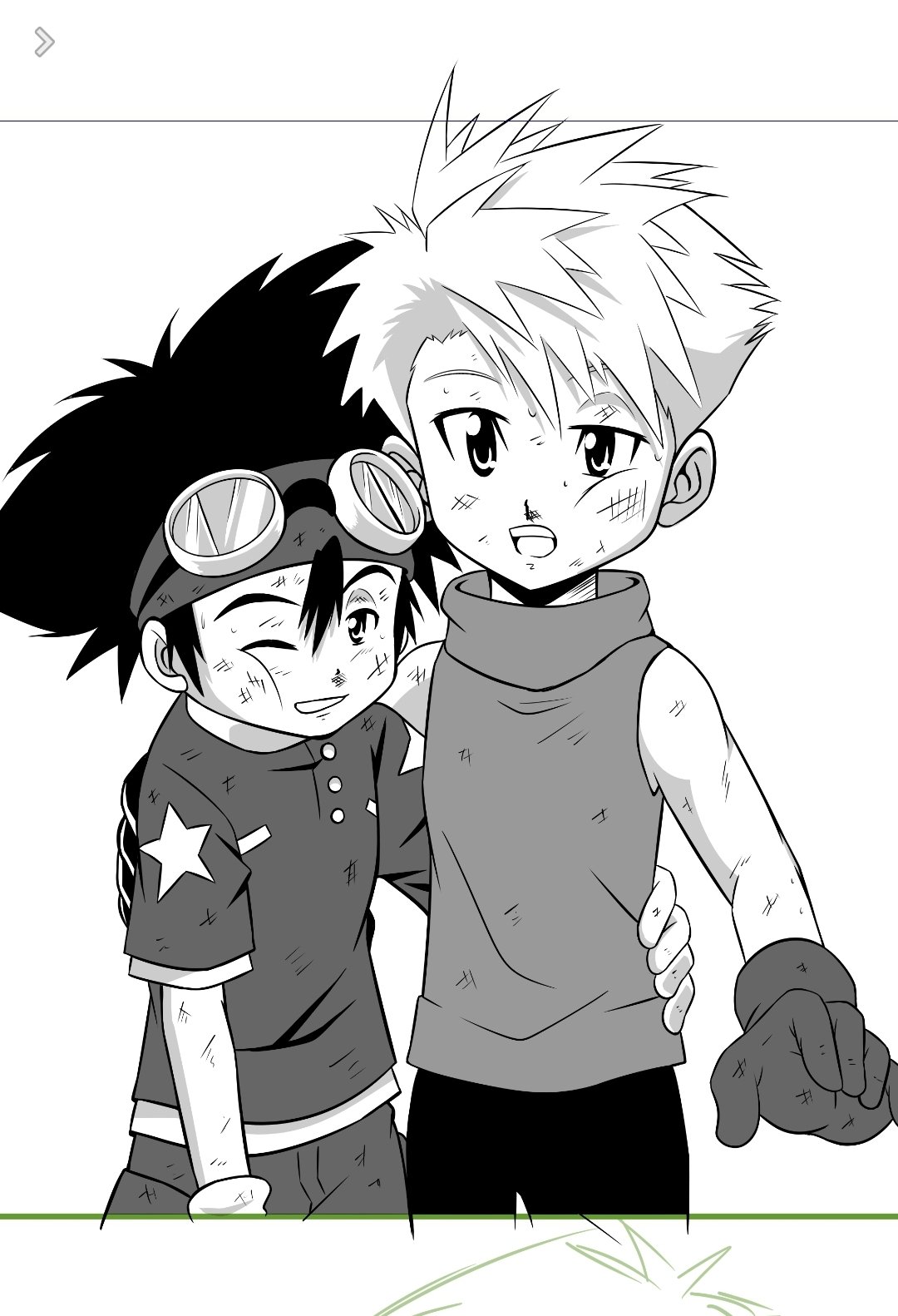 2boys, black_hair, bruise, chinese_commentary, digimon, digimon_adventure, goggles, goggles_on_head, hair_between_eyes, highres, holding, injury, ishida_yamato, male_focus, multiple_boys, short_sleeves, sleeveless, tagme, teeth, tsubasa_hayate, white_background, white_hair, yagami_taichi