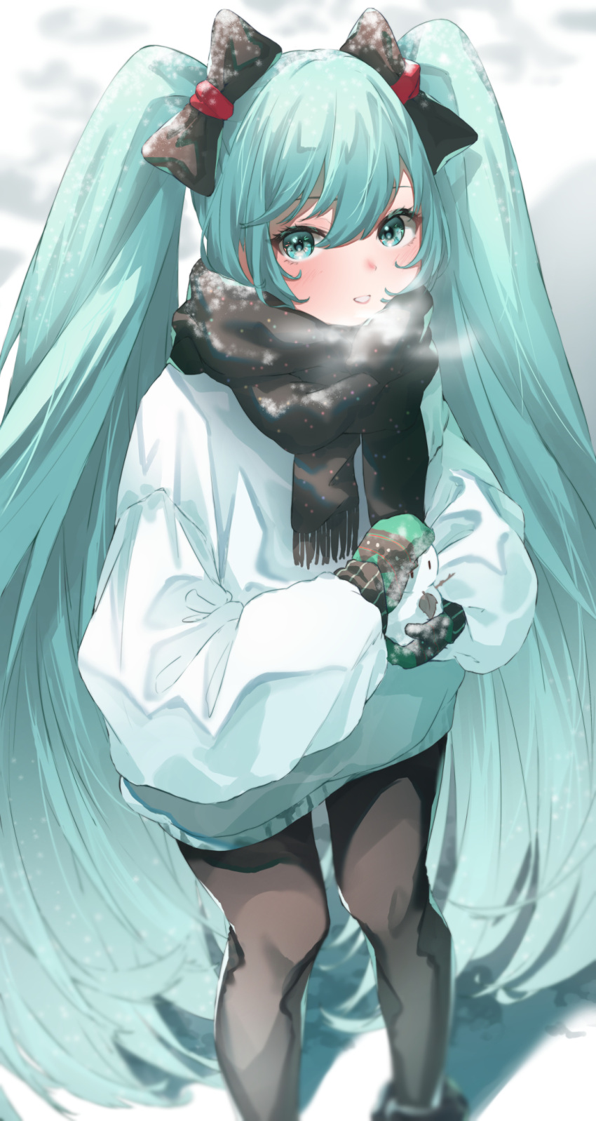 1girl, aqua_eyes, aqua_hair, azusa_(azunyan12), black_bow, black_legwear, black_scarf, blurry