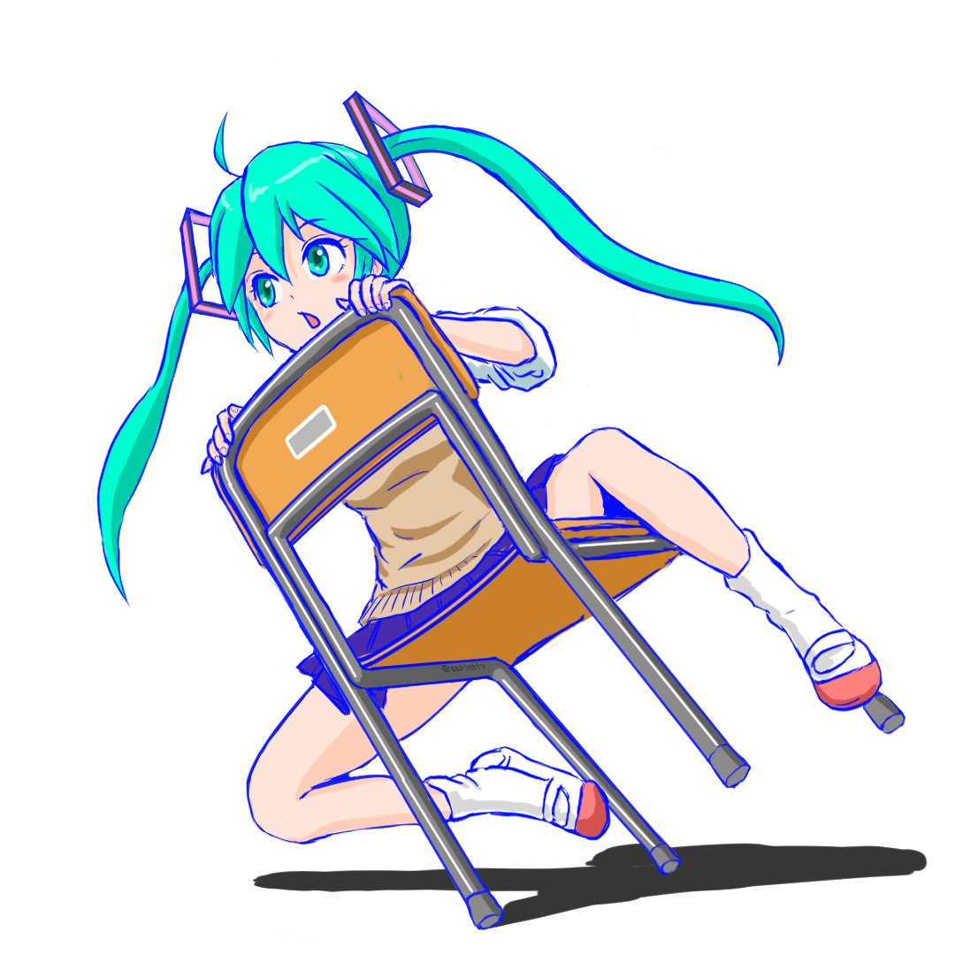 1girl, aqua_eyes, aqua_hair, blue_outline, cardigan_vest, chair, commentary, gapinelu, hair_ornament, hatsune_miku, light_blush, long_hair, miniskirt, open_mouth, outline, shirt, sitting, sitting_backwards, skirt, socks, solo, twintails, very_long_hair, vocaloid, white_background, white_shirt