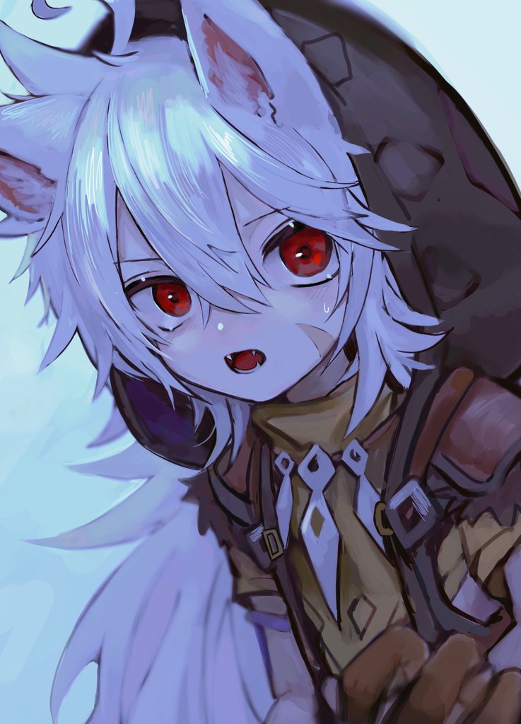 1boy, ahoge, animal_ears, bangs, brown_gloves, fangs, genshin_impact, gloves, hair_between_eyes, hood, hood_up, hzk_(user_kemd2843), long_hair, looking_at_viewer, male_focus, parted_lips, razor_(genshin_impact), red_eyes, scar, scar_on_face, short_sleeves, simple_background, solo, upper_body, white_hair, wolf_boy, wolf_ears