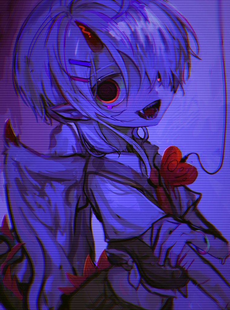 1boy, bangs, cable, commentary_request, fangs, hair_between_eyes, hair_ornament, hair_over_one_eye