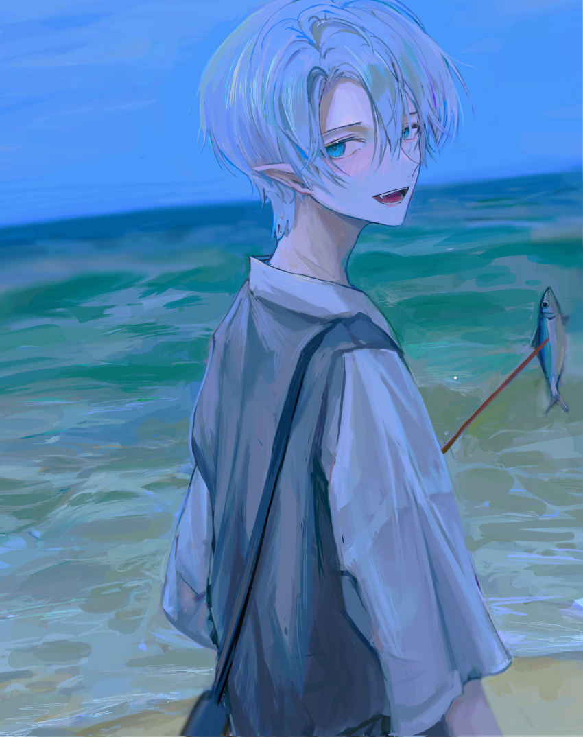 1boy, absurdres, bag, bangs, beach, blue_eyes, english_commentary, fang