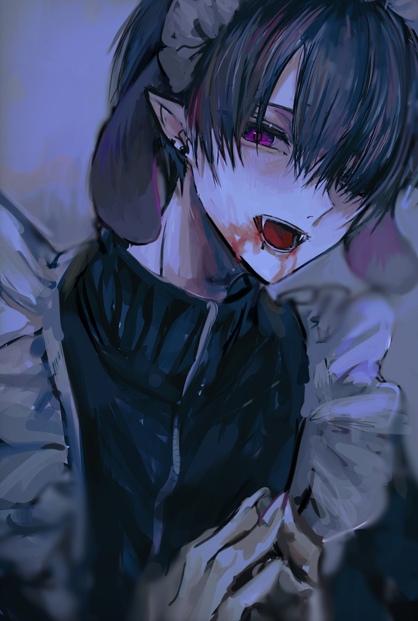 1boy, animal_ears, apron, bangs, black_hair, black_jacket, blood, blood_from_mouth, blood_on_face, crossdressing, ear_piercing, fangs, fingers_together, frilled_apron, frills, grey_background, hair_between_eyes, hair_over_one_eye, highres, hzk_(user_kemd2843), jacket, long_sleeves, maid, maid_headdress, male_focus, original, piercing, pink_eyes, pointy_ears, simple_background, solo, upper_body