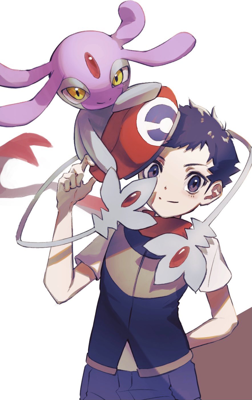 1boy, arm_behind_back, black_hair, blush, closed_mouth, commentary_request, floating_scarf, hat