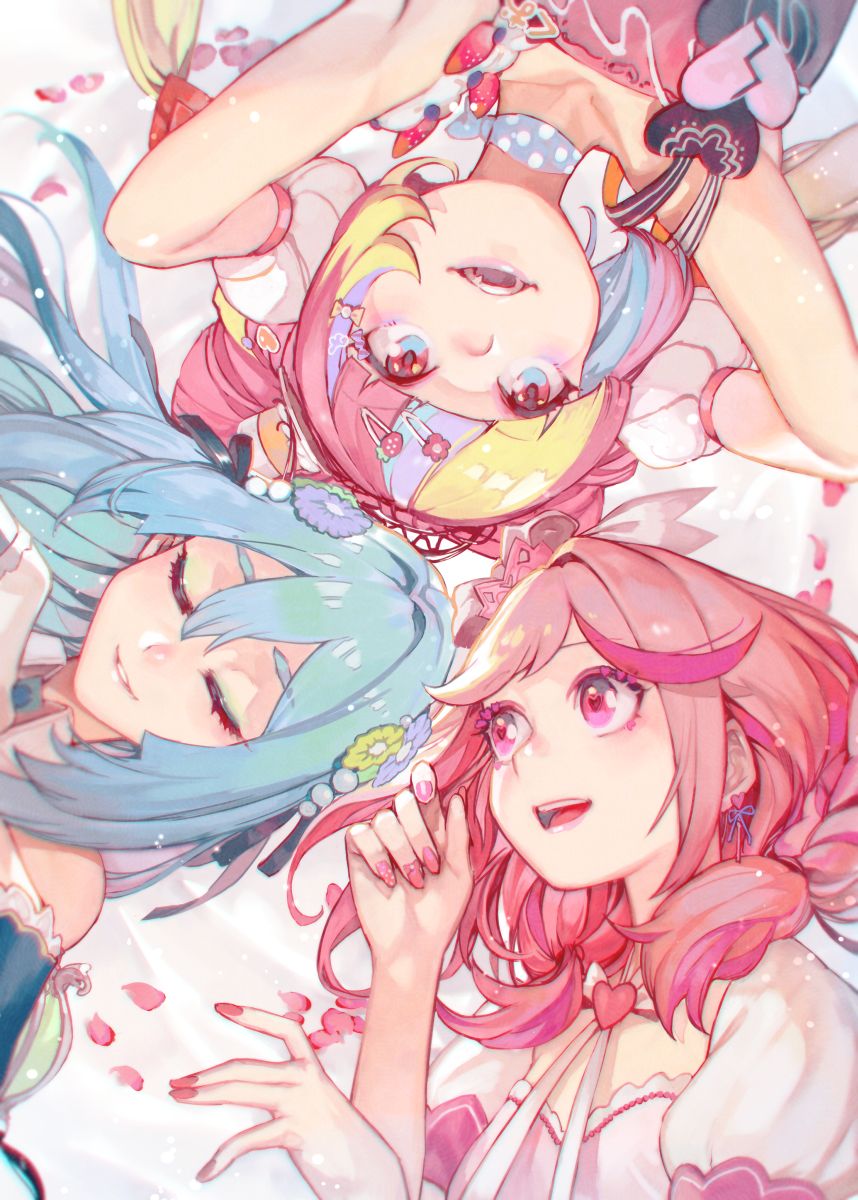 3girls, ;d, arms_behind_head, bangs, beads, blue_hair, blueberry, bow, bow_hair_ornament, braid, candy, candy_hair_ornament, chocolate, closed_eyes, collarbone, collared_shirt, commentary, crown_hair_ornament, decora_eyelashes, earrings, eyelash_ornament, eyeshadow, fangs, flower, food, food-themed_hair_ornament, frilled_shirt_collar, frills, fruit, grey_hair, hair_between_eyes, hair_bow, hair_flower, hair_ornament, hair_tie, hankuri, heart, heart-shaped_chocolate, heart-shaped_pupils, heart_bow, heart_stickers, highres, icing, jewelry, kirara_akaru, komurasaki_kuo, long_hair, lying, makeup, multicolored_hair, multiple_girls, nail_art, neckerchief, one_eye_closed, original, pastry, petals, pink_eyes, pink_hair, polka_dot, project_luminasys, puffy_short_sleeves, puffy_sleeves, rose_petals, shirt, short_sleeves, shoulder_strap, simple_background, smile, strawberry, streaked_hair, symbol-shaped_pupils, thick_eyebrows, twin_braids, twintails, yellow_eyes, yurizono_eryo