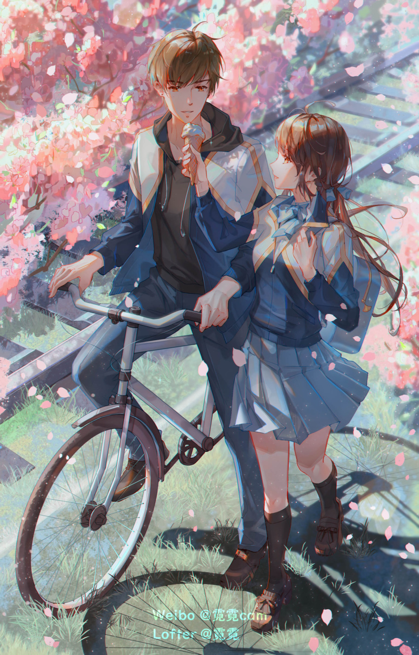 1boy, 1girl, absurdres, bai_qi_(love_and_producer), bangs, bicycle, black_legwear, blue_jacket, blue_pants, blue_skirt, brown_eyes, brown_footwear, brown_hair, cherry_blossoms, food, full_body, grin, ground_vehicle, highres, holding, holding_food, ice_cream, jacket, kneehighs, long_hair, long_sleeves, looking_at_another, love_and_producer, open_clothes, open_jacket, open_mouth, outdoors, pants, petals, protagonist_(love_and_producer), rabbitcamilla, railroad_tracks, riding, school_uniform, shoes, short_hair, skirt, smile, teeth, tree, walking