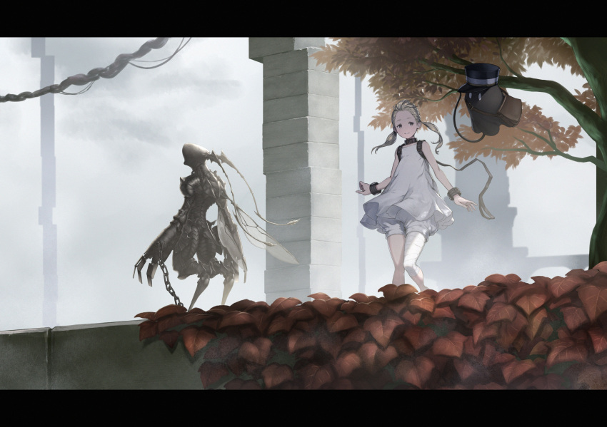 1girl, absurdres, bandaged_leg, bandages, bangs_pinned_back, bare_shoulders, bite_addict, black_collar