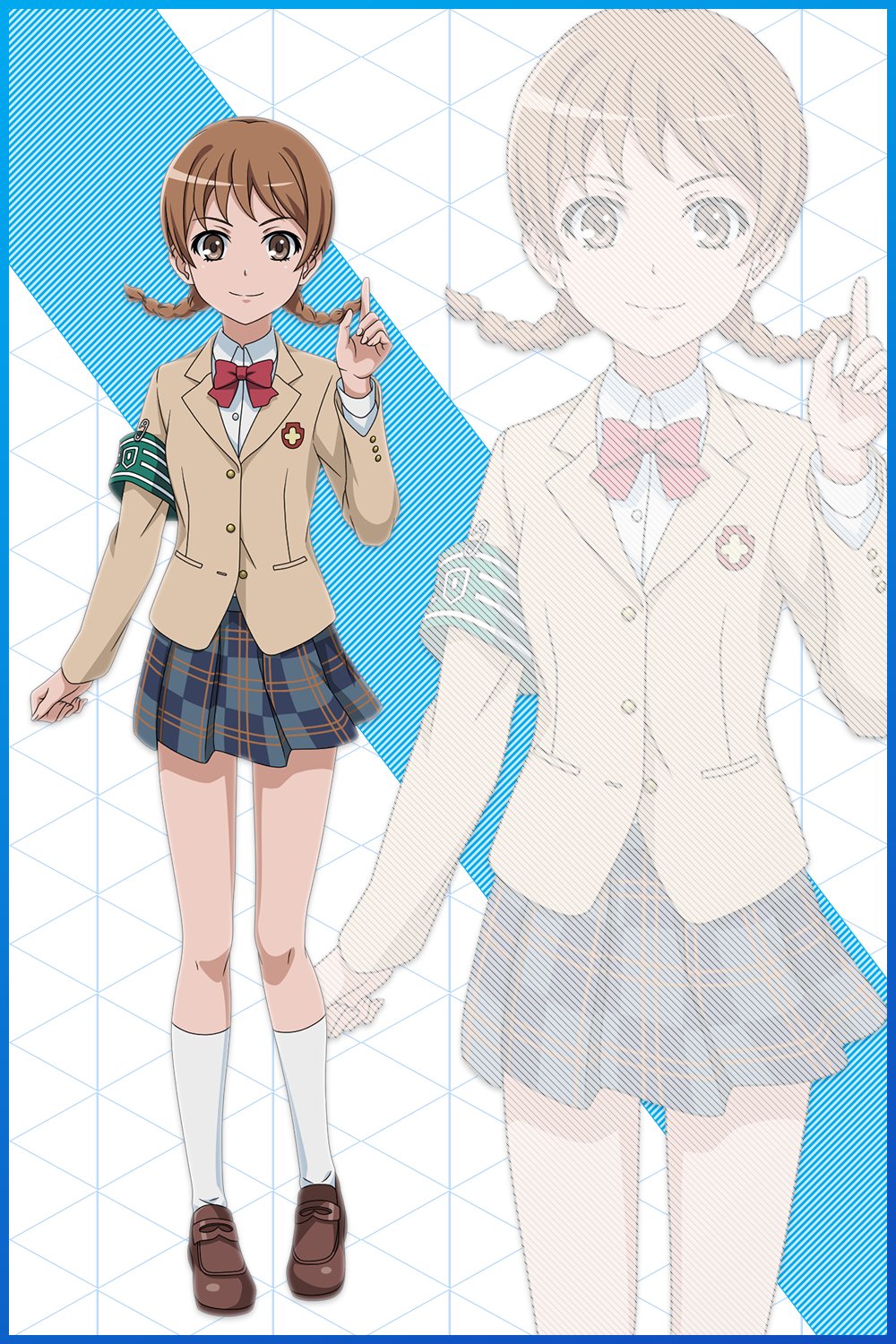 1girl, armband, bangs, beige_jacket, blue_border, blue_skirt, border, bow