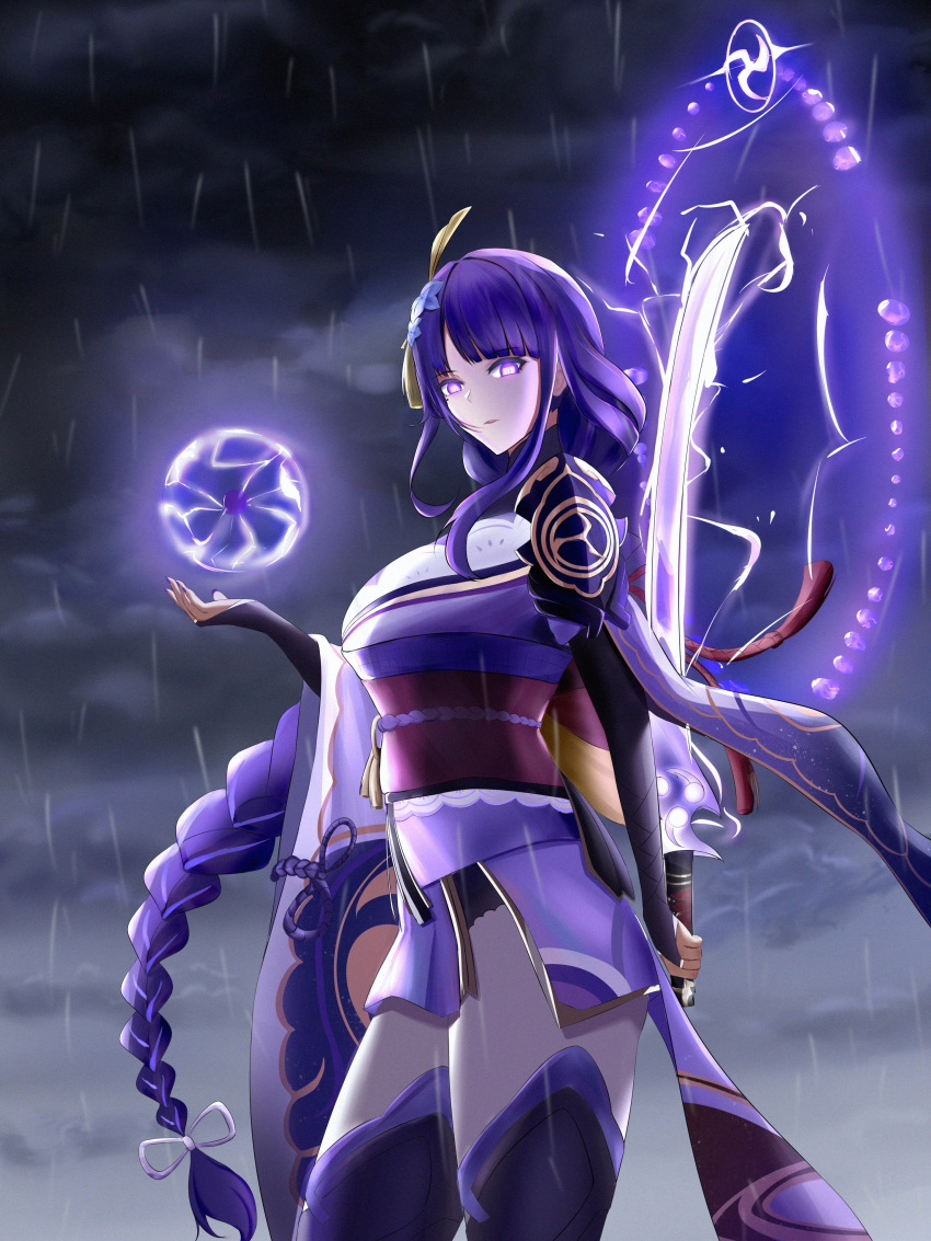 1girl, absurdres, arm_behind_back, bangs, black_gloves, braid, braided_ponytail, closed_mouth