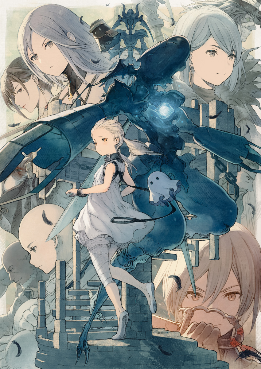 absurdres, akeha_(nier_reincarnation), bald, bald_girl, bangs_pinned_back, bare_shoulders, black_collar, black_monster_(nier)