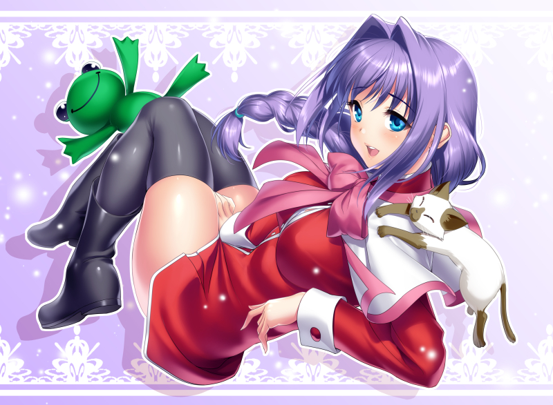 1girl, aqua_eyes, between_legs, black_legwear, blush, boots, bra, bra_peek