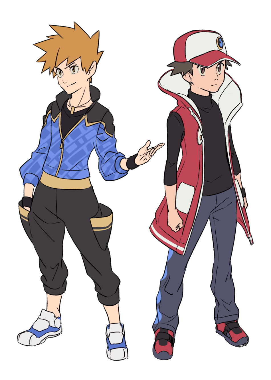 2boys, baseball_cap, black_pants, black_shirt, black_wristband, blue_jacket, blue_oak, brown_eyes