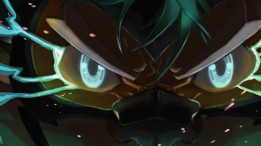 1boy, blue_eyes, close-up, eye_focus, eye_trail, forked_eyebrows, frown, furry, furry_male, glowing, glowing_eyes, hair_between_eyes, highres, lightning, live_a_hero, male_focus, ryekie_(live_a_hero), serious, snout, solo, thick_eyebrows, tiger_boy, torakku_(toratruck9)