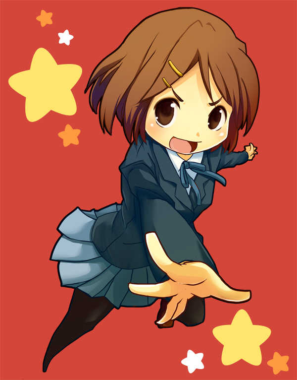blazer, brown_eyes, brown_hair, hair_ornament, hairclip, hirasawa_yui, k-on!, okane, pantyhose, school_uniform, short_hair, skirt, solo
