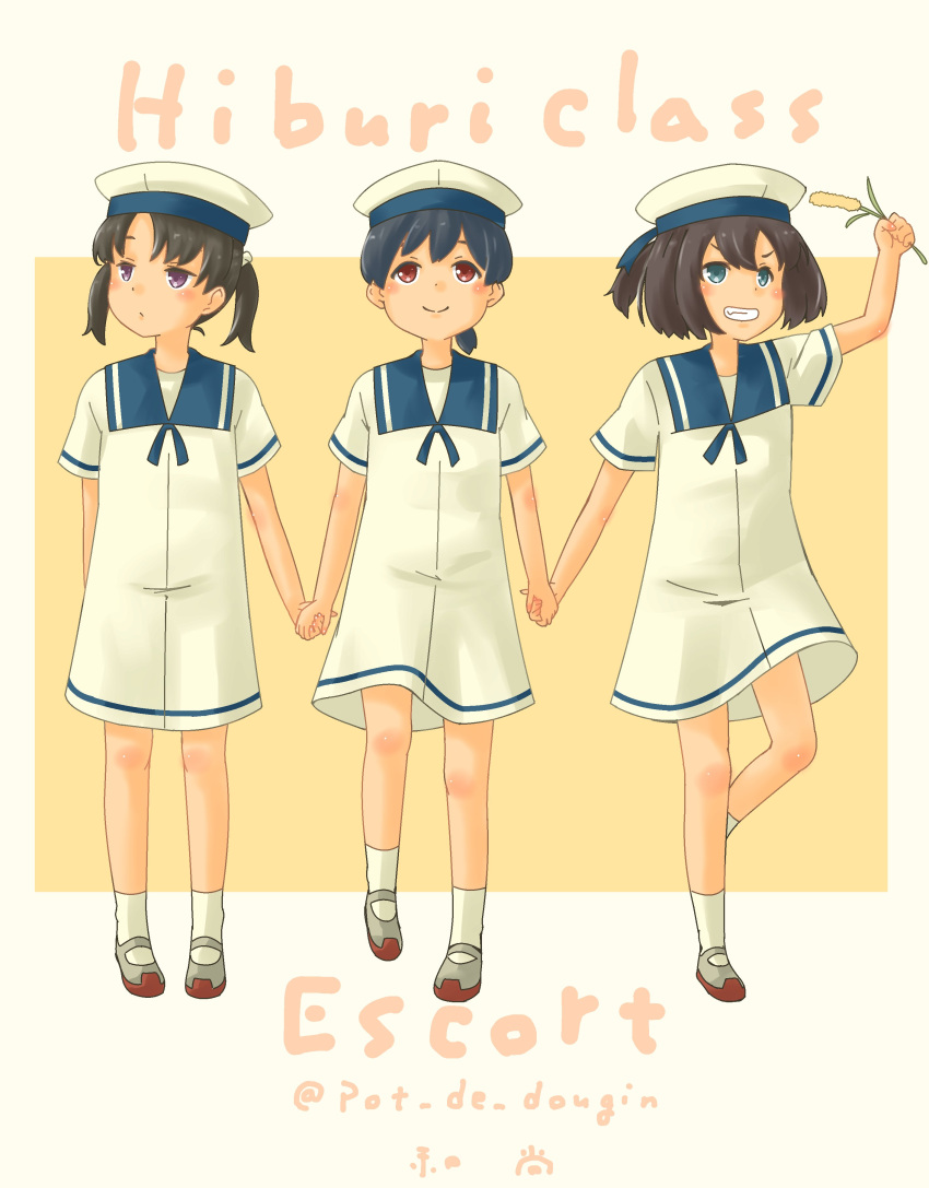 absurdres, black_hair, blue_eyes, blue_headwear, blue_sailor_collar, bob_cut, brown_eyes, brown_hair