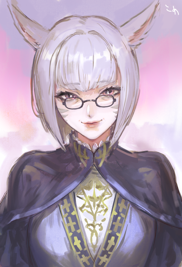 1girl, animal_ears, bangs, black-framed_eyewear, blunt_bangs, capelet, cat_ears, dress